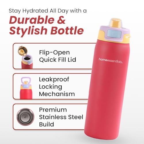Image of HomeEssentials Stainless Steel Thermos Water Bottle 950ML - Leakproof Quick Fill Lid, Insulated Sports Bottle for Hot & Cold Drinks, Durable Travel & Gym Bottle, Easy Carry Lid (Red)