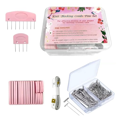 120 Pcs Knit Blocking Pins Kit, Crochet Blocking Pin Kit with 20Pcs Knit Blocking Combs & 100 T-Pins & Ruler and Case for Needlework Projects Knitting Blocker Pins Tool for Blocking Mats