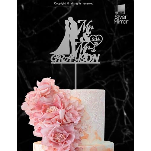 Personalized Wedding Cake Topper With Customized Bride and Groom Last Name or Marriage Date for Mr Mrs (Silver Mirror)