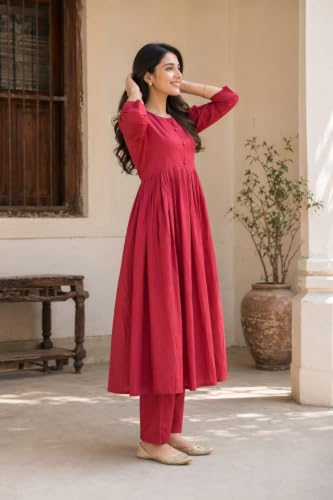 Image of ANILINE Women's V-Neck, Button Front, three-quarter sleeves, Anarkali shape, Empire Waist, Pleated Design Kurta With Pant