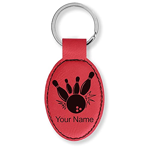LaserGram Oval Keychain, Bowling Ball and Pins, Personalized Engraving Included (Red)