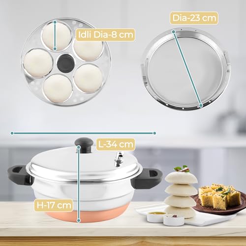 Multi Kadai de acero inoxidable con silbato, vaporera y base de cobre para idli 5