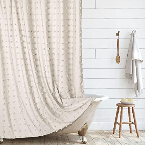 Extra Long Boho Farmhouse Shower Curtain Beige/Cream Woven Fabric Cute Shower Curtain, 72 x 78 Tufted Pleat Floral Puffs Textured Modern Farmhouse Minimalist Shower Curtain Set with Hooks for Bathroom