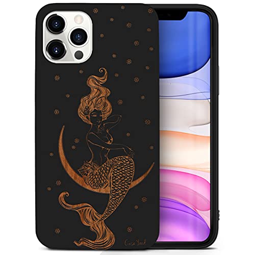 Caseyard Wood Phone Case For Iphone 12/12 Pro Laser Engraved Mermaid On The Moon Design Black Wood Compatible Iphone Case Protective Shockproof Slim Fit Cell Phone Cover For Men & Women #TOP11