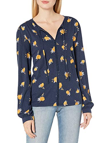 Lucky Brand Women's Long Sleeve V Neck Floral Printed Peasant Top, Navy Multi, Medium