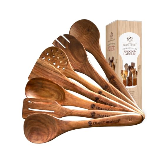 Image of Sheesham Wooden Utensil Set, Turner, Ladle and Spatuala | Wooden Spoon Set | Kitchen Utensils Frying, Serving, Ladles, Dosa, Chapati and Rice Cooking Set of 7