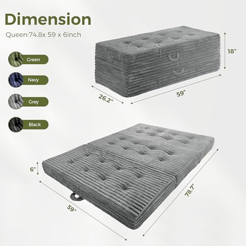 MAXYOYO Folding Sofa Couch Bed, 6 Inch Tri-Fold Floor Sofa Bed, Folding Mattress with Handles, Soft Faux Fur Folding Bed with Supportive Foam Filling, Portable Couch for Living Room, Queen, Grey