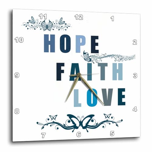 Wall Clock Silent - 13 inch - Hope, Faith and Love Blue Butterflies Inspirational Art - PS Inspirations