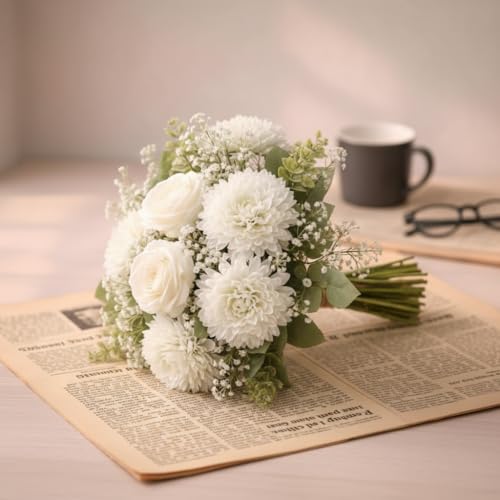 Image of Premium Artificial Flower Bunch - Mum, Rose & Lotus with White Baby Breath | Realistic Fabric Petals | Artificial Flowers for Vase | Home Decoration Items for Living Room & Bedroom | White
