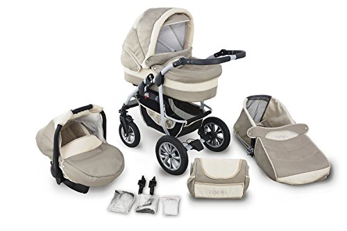 Clamaro 'CORAL' Kinderwagen 3in1 Kombi System mit Babywanne, Sport Buggy und 0+ (0-13 kg) Auto Babyschale, Luftreifen, Federung, Schwenkräder und EASY-STOP Bremse - 3. Schwarz/Rot