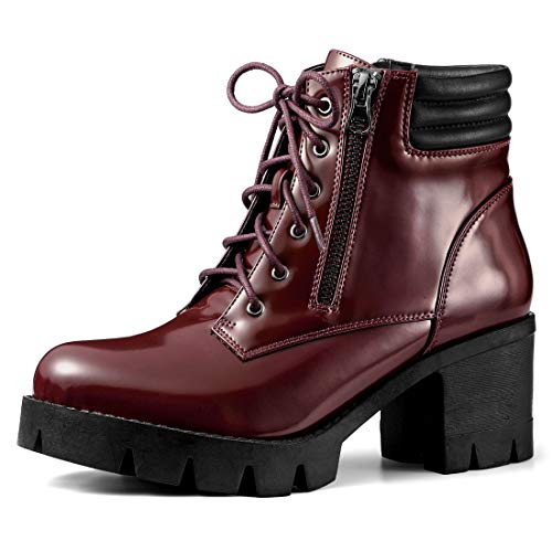 Allegra K Allegra K Women's Round Toe Chunky Heel Lace Up Zipper Burgundy Combat Boots 7 M US