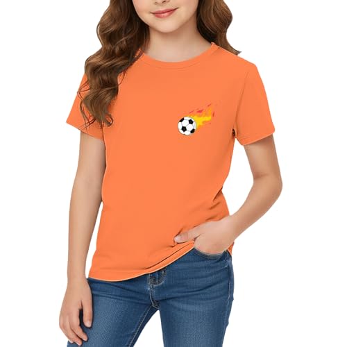 Camiseta gráfica de manga corta con cuello redondo para niñas, camisa de algodón suave con estampado de fuego de fútbol, camiseta casual transpirable para la escuela, actividades de juego y uso diario