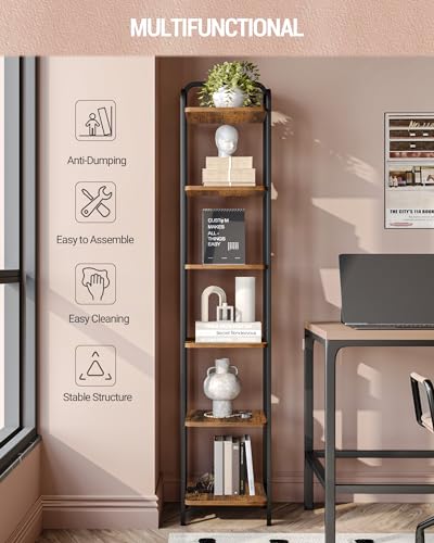 Hzuaneri Regal, Bücherregal, Standregal, Schmales Regal mit 6 Ebenen, Schmales Büroregal, Eckregal für Büro, Wohnzimmer, Schlafzimmer, Küche, 30 x 33 x 166 cm, Vintagebraun-Schwarz BC24601B