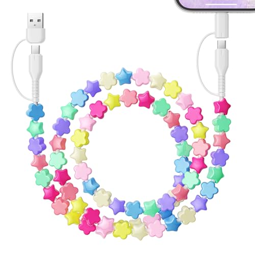 HianDier USB C Cable[MFI Certified] Multi 4 in 1 USB A Type C iOS for iPhone Fast Charging Cable 3.3FT Cute Flower Star Bead Charger Cord Girls Women for iPhone 17 16 15 14 Pro Max iPad-Candy Colored