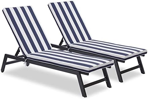 ICWUSA Beach Lounge Chair Set of 2,Outdoor Patio Chairs with UV Resistant Cushions,Sunbathing Chair with 5 Adjustable Position,All Weather Reclining Lawn Chairs,Gray+Blue White Stripes