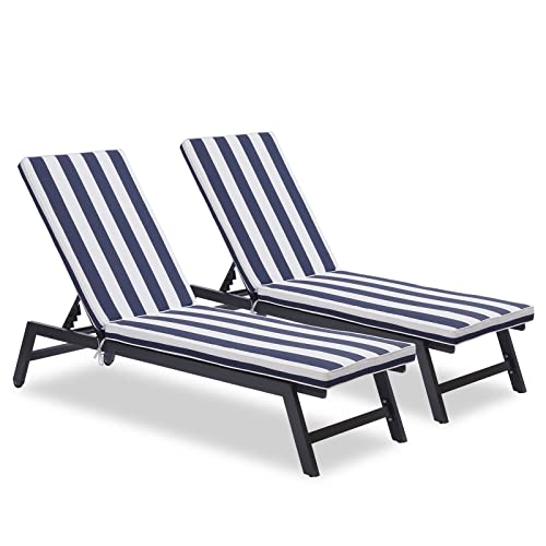 Icwusa Beach Lounge Chair Set Of 2,Outdoor Patio Chairs With Uv Resistant Cushions,Sunbathing Chair With 5 Adjustable Position,All Weather Reclining Lawn Chairs,Gray+Blue White Stripes #TOP29