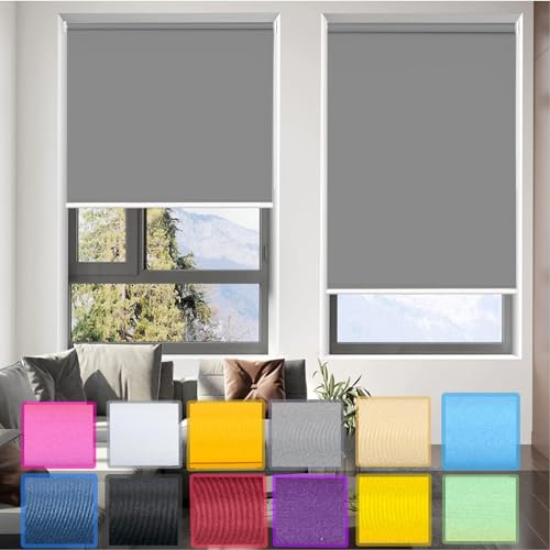 Blackout Roller Blind 115 x 90 cm Multiple Colours and Sizes Easy Fit UV-Resistant Thermal Blind Fittings Included For Inside and Outside Recess Fitting, Dark Grey