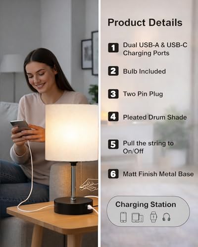Image of Homesake Bedside Lamp for Bedroom Nightstand Table Light with USB A | C Charging Port, Desk Lamp, Pull Chain Light, Side Table Desk Reading Lamp, Living Room Gift, (Khadi Cylinder)