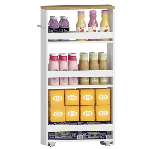 Amveya Kleines Regal mit Rollen, Standregal Weiß, Modern Flaschenregal...