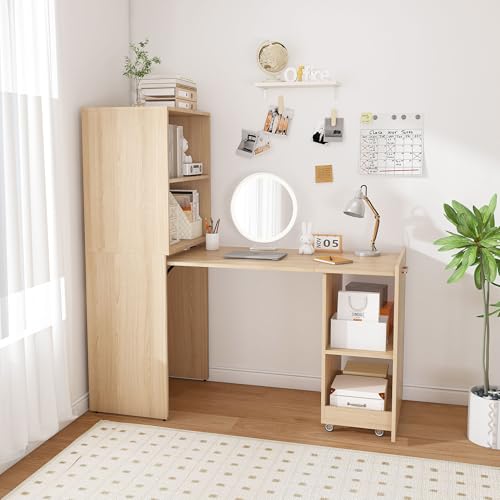 HRVEOCEI Bamboo Fold Out Desk with Storage, Mid Century Hideaway Desk for Small Spaces, Folding Computer Desk for Home Office Bedroom Apartment, Space Saving (Natural Wood)