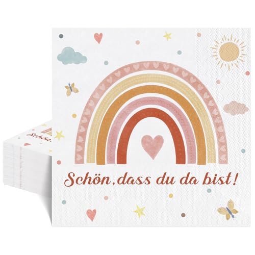 40 Stück Cocktailservietten Regenbogen 16.5 x 16.5cm schön das du da bist Geburtstagsservietten Dessertservietten Papier Party Servietten für Kommunion Hochzeit Taufe Geburtstag