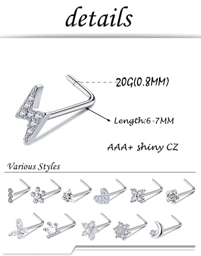 Akeoqi 12Pcs Nose Rings Stud L Shape Nose Rings Cubic Zirconia Butterfly Flower Eye Moon Crown Heart Lightning Shape Nose Studs Piercing Jewelry for Women Men 20G Silver Gold Tone2