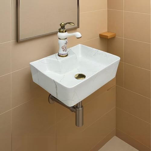 Image of Artiva Ceramic Wall Mounted Bathroom Basin /Designer Table Top Sink For Bathroom /Wall Hung Washbasin /Wash Basin For Cabinet, Countertop, Vanity (Lina White 16 x 12 x 5 Inch)