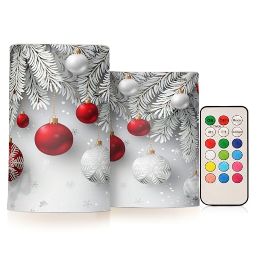Image of Christmas Lights Flameless Candles Christmas Snowflakes Balls Pattern Pillar Candles Set of 2 Battery Operated Remote Control Warm Lights Home Decor
