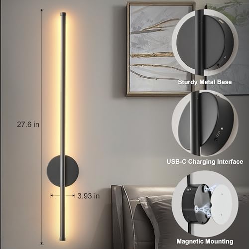 Image of Battery Operated Modern Wall Sconces Set of Two,Rechargeable Wireless Wall Lights with Remote Control,Dimmable,3CCT,Timer,360Rotation,Cordless Lighting for Bedroom,Living Room,Hallway,Black,27.6 Inch