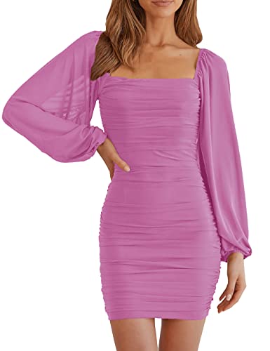 Image of MEROKEETY Women Square Neck Lantern Long Sleeve Mesh Ruched Bodycon Clubwear Mini Dress
