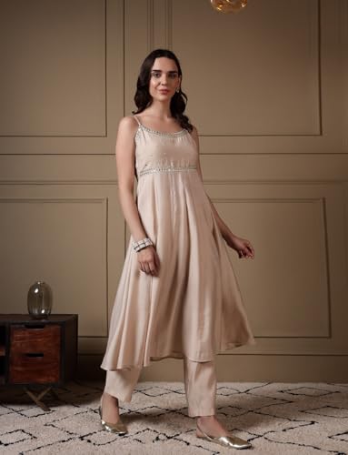 Image of FIORRA Women Off-White Viscose Chanderi Embroidered A-Line Kurta Set with Dupatta