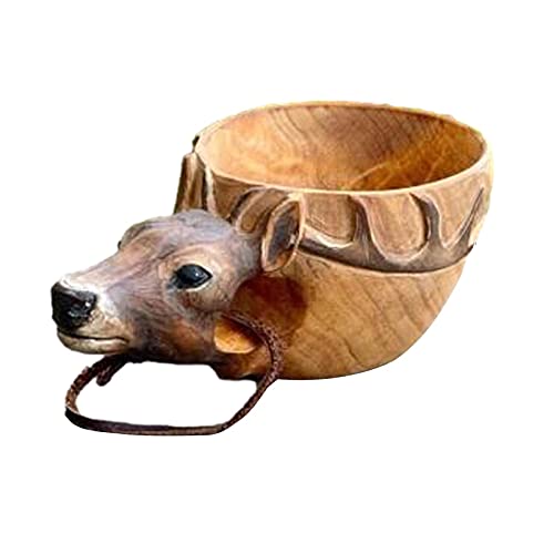 YJYQ Kuksa Madera con diseño Animales, Estilo nórdico, Hecha a Mano, Mochila Kuksa, Madera, portátil, para Viaje, café, Camping, Senderismo, respetuosa con el edio