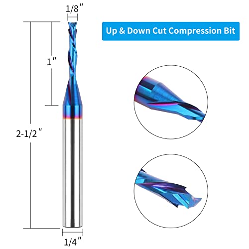 Eanosic Spiral Router Bits Up Down Compression Bit 1/8 Inch Cutting Diameter, 1/4 Inch Shank Solid Carbide Cnc End Mill With Nano Blue Coating For Wood Carving Engraving Grinding #TOP1