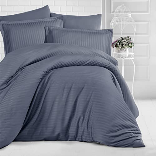 Sibiles - Juego Funda Nórdica Stripe Satén 210 Hilos Algodón Turco - Antracita, Cama 135/150