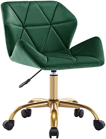 Duhome Cute Home Office Chair, Velvet Swivel Desk Chair Armless Hydraulic Rolling Computer Chair with Backrest Golden Base for Teens Girls, Dark Green