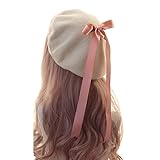 Lolita Sweet French Beret Cap Bow Painter Hat Kawaii Preppy Style Female Casual Artist Hat for Girls Women (C,One Size)