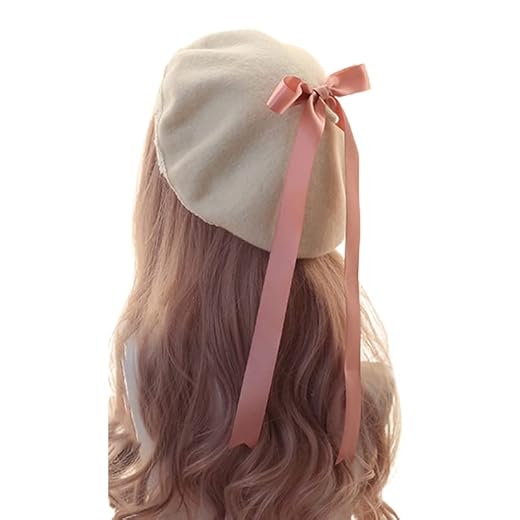 Lolita Sweet French Beret Cap Bow Painter Hat Kawaii Preppy Style Female Casual Artist Hat for Girls Women (C,One Size)
