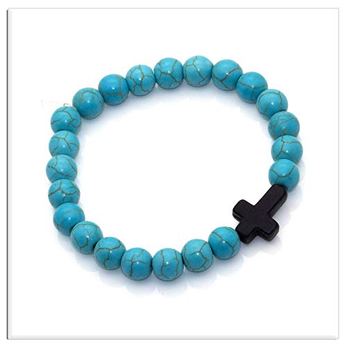 Image of Xusamss Fashion Religious Cross Bracelet 8mm Tiger Eye Turquoise Beads Elastic Bracelet,7 1 /2 wrist