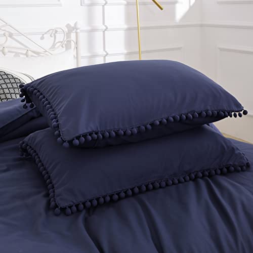 Yirddeo Navy Blue Queen Ball Pom Fringe Design Comforter Set 3Pcs, Dark Blue Boho Aesthetic Luxurious Bedding Set, Vintage Ultra Soft Microfiber Comforter Set, Navy Blue (1 Comforter, 2 Pillowcases) #TOP5