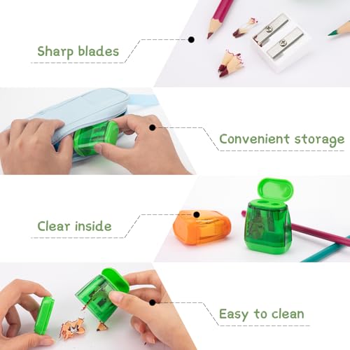 JEFURE Anspitzer 4 Stück, Doppellöcher, Dose, Bleistiftspitzer für Dicke und Dünne Stifte, Schule und Büro in 4 Farben