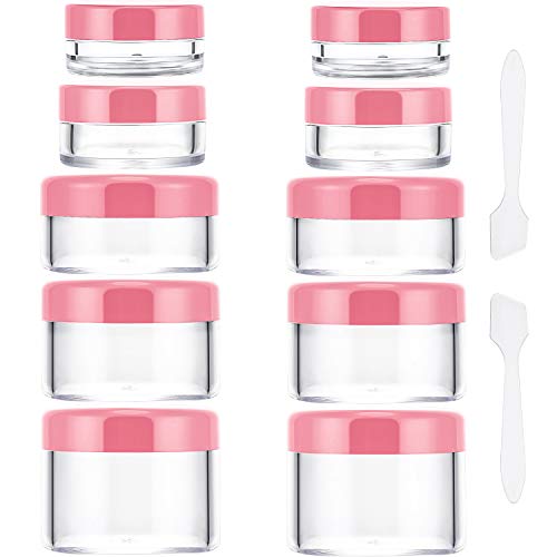 eBoot 10 Pieces Empty Clear Plastic Sample Containers 3/5/ 10/15/ 20 Gram Size Round Cosmetic Pot Jars with Screw Cap Lids and 2 Pieces Mini Spatula (Pink)
