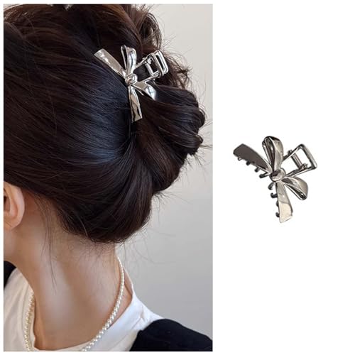 IRCOMULTI Silver Metal Hair Claw Clip Medium Bow Hair Clip Claw Barrette Non Slip Hairclip Decorative Hair Accessories for Women Headdress (Silver Bowknot)