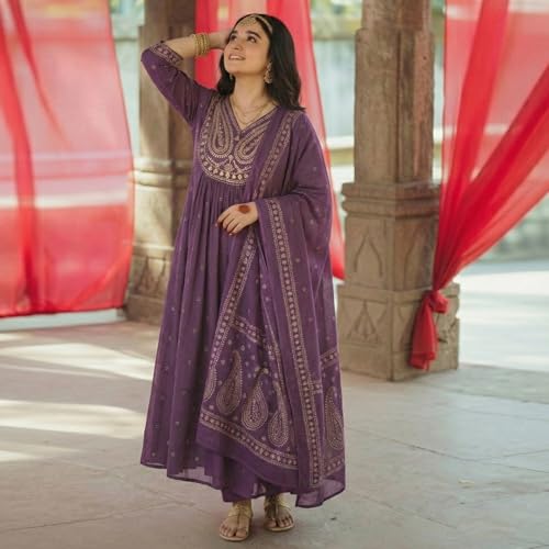 Image of GoSriKi Rust Anarkali Kurta Set for Women with Dupatta | Cotton Kurti Set for Woman | Embroidered Anarkali Suit for Women Kurti Pant Set with Dupatta | Suit Set for Women Latest
