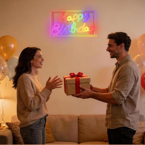 Image of Colorful Happy Birthday Neon Sign, LED Wall Decor, Type-C /USB Power | Led Happy Birthday Light Up Sign For Birthday Party, Backdrop, Wall, Tabletop Decorations, 2 Hooks Included