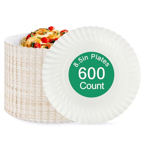 JOLLY PARTY 8.5 inch Paper Plates Uncoated,600 Count Everyday Disposable Plates, Light Weight Paper Plates White, Round Dinner Plates, Large Plate Lunch, for Home and Office