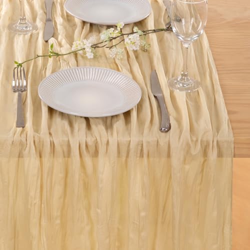 Image of MLMC 2 Pack Champagne Cheesecloth Table Runner 10ft Sand Rustic Gauze Cheese Cloth Table Runner 35x120 Inches for Farmhouse Cozy Holiday Outdoor Events Home Decor