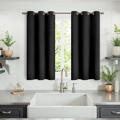 Image of YoungsTex Black Kitchen Window Curtains 40 Inch Length - Short Thermal Insulated Blackout Drapes with Grommet for Small Bathroom Windows, 2 Panels, 34 x 40 Inch