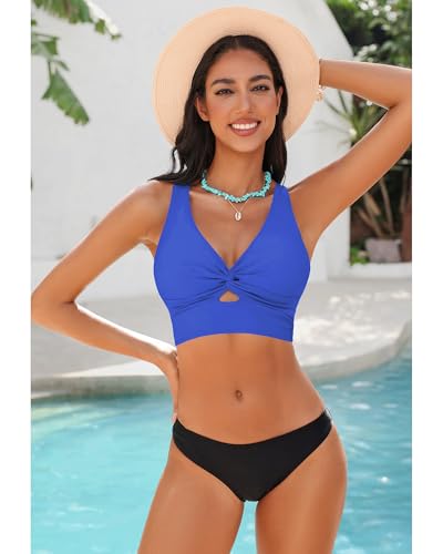Image of GRAPENT Bikini Tops for Women Cropped StrapCore Tankini Tops Beach Padded Knot Twist Cut Out Adjustable Swimwear Top Only