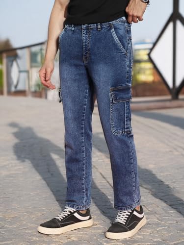 Image of Urbano Fashion Men's Regular Fit Washed Cargo Jeans with 6 Pockets Stretchable