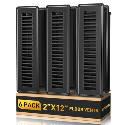 BYEWIRE 2x12 Floor Register 6-Pack Heavy Duty Steel Floor Vent Covers Adjustable Quiet Airflow Vent Grill Rust-Proof Black Finish 2 inch by 10 Inch HVAC Vents for Floor/Sidewall